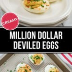A plate of Million Dollar Deviled Eggs garnished with paprika, alongside a tray of additional deviled eggs.