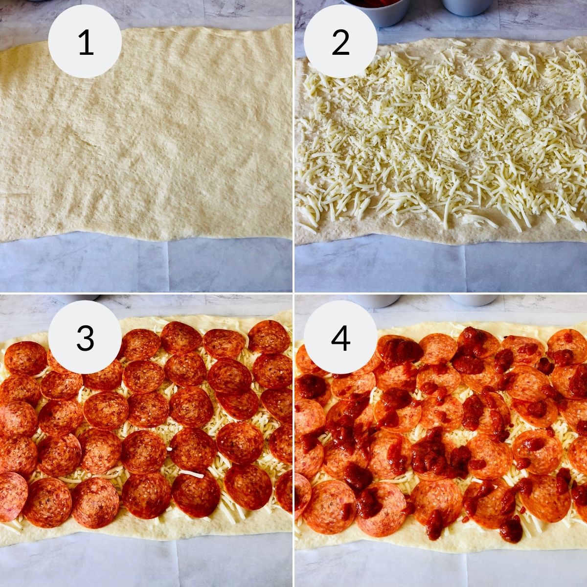 Rolling out the dough and placing the  roni on top.