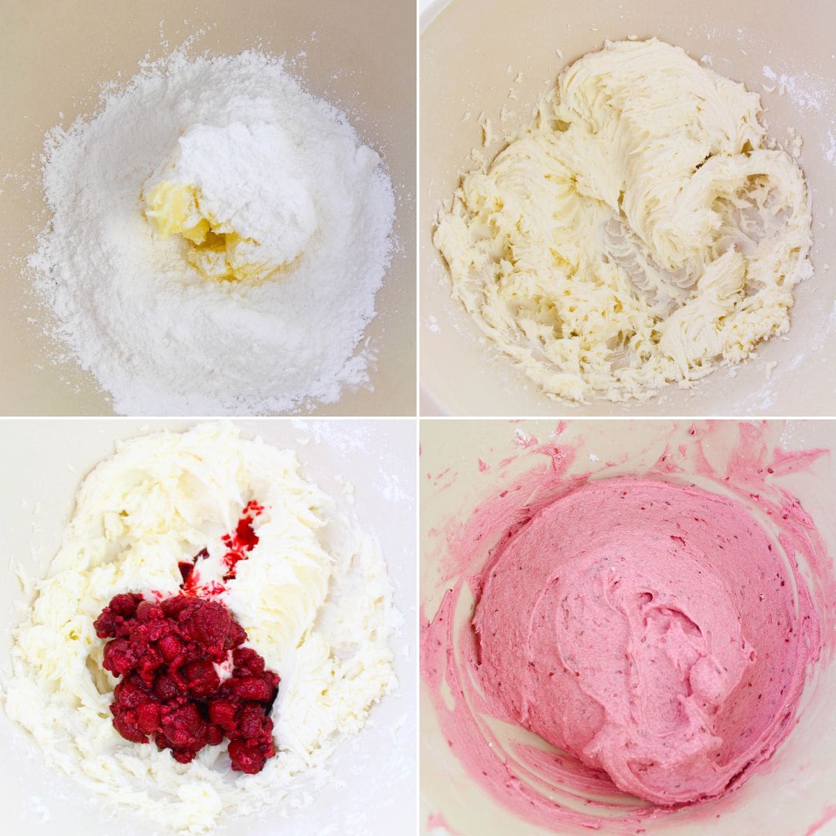 Four images show the process of  mixing powdered sugar and butter, creaming them together, adding raspberries, and the final smooth, pink mixture.