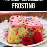 A slice of funfetti cake with raspberry buttercream frosting and rainbow sprinkles, served on a floral plate with two fresh raspberries.