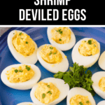A plate of shrimp deviled eggs garnished with parsley, with text label "shrimp deviled eggs" at the top.
