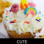 A cupcake topped with white frosting, colorful cereal pieces, and sprinkles captures the festive spirit. The text reads "Cute St. Patrick's Day Cupcakes," inviting everyone to celebrate with a delightful treat in hand.