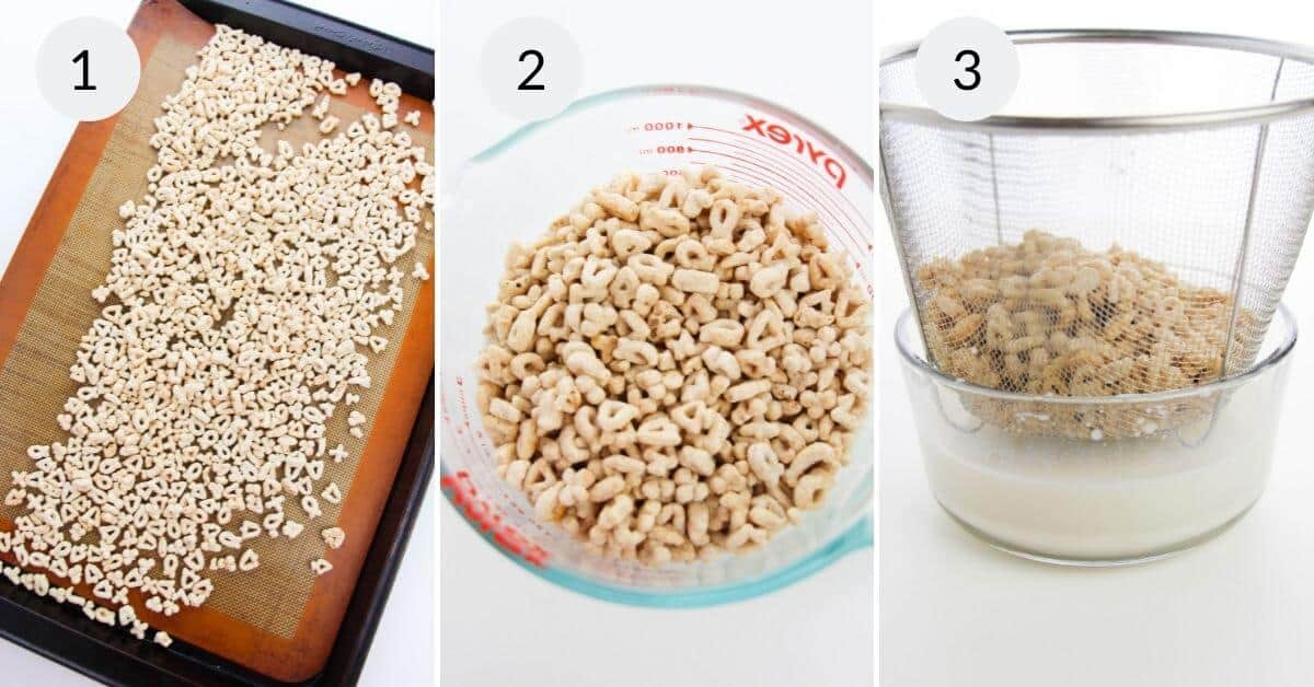 Three-panel image showcasing the cereal process: drying on a tray, measured in a cup, and strained decoratively over a bowl—perfect for St. Patrick's Day cupcakes.