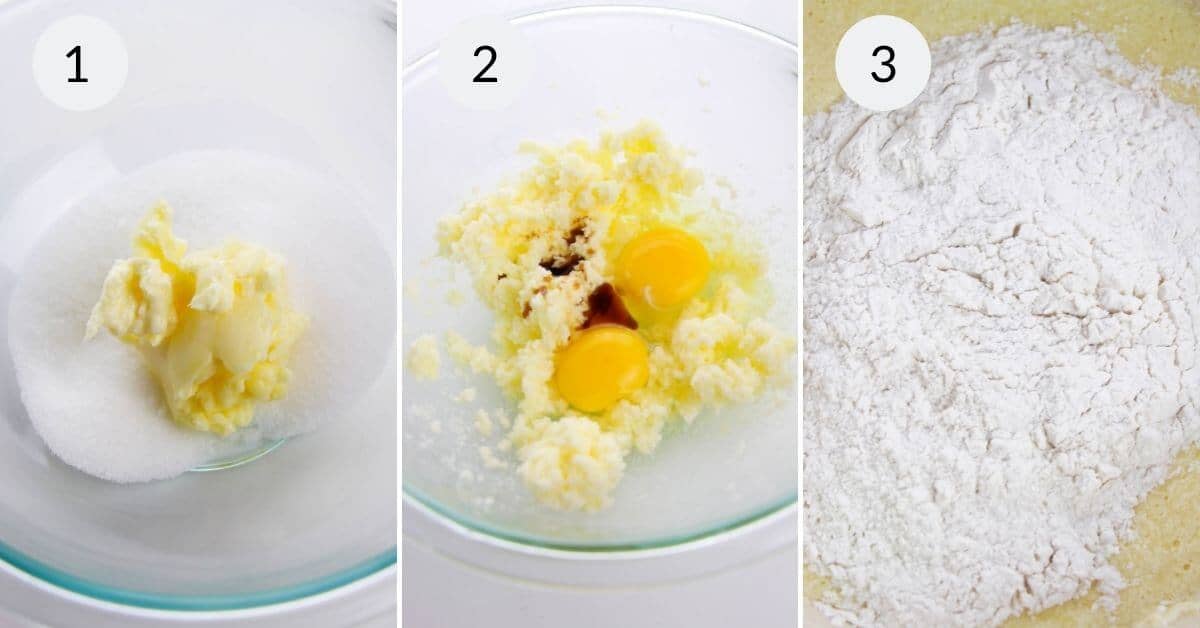 Three-step baking process for : 1) Cream butter and sugar in a bowl. 2) Add eggs and vanilla to the mix. 3) Fold in the flour mixture until combined.