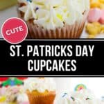 Cupcakes with white frosting and colorful cereal toppings are presented on a table, labeled as delightful "St. Patrick's Day Cupcakes.