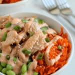 A bowl of mixed salad with shredded carrots, edamame, diced chicken, sesame seeds, chopped green onions, and creamy dressing sits invitingly next to a tempting teriyaki salmon bowl. In the background, a second bowl and two forks await your culinary delight.