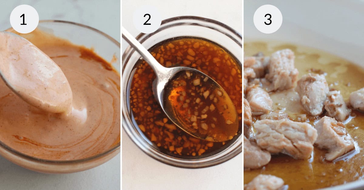 Three steps of a recipe: 1) Bowl of sauce with a spoon, perfect for teriyaki salmon bowls, 2) Spoonful of garlic and soy sauce mixture, 3) Chunks of cooked chicken in sauce.