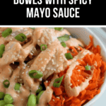 Enjoy a delicious teriyaki salmon bowl featuring a perfectly grilled fillet accompanied by shredded carrots, edamame, green onions, and sesame seeds. The bold flavors are beautifully balanced with a drizzle of spicy mayo sauce on top.
