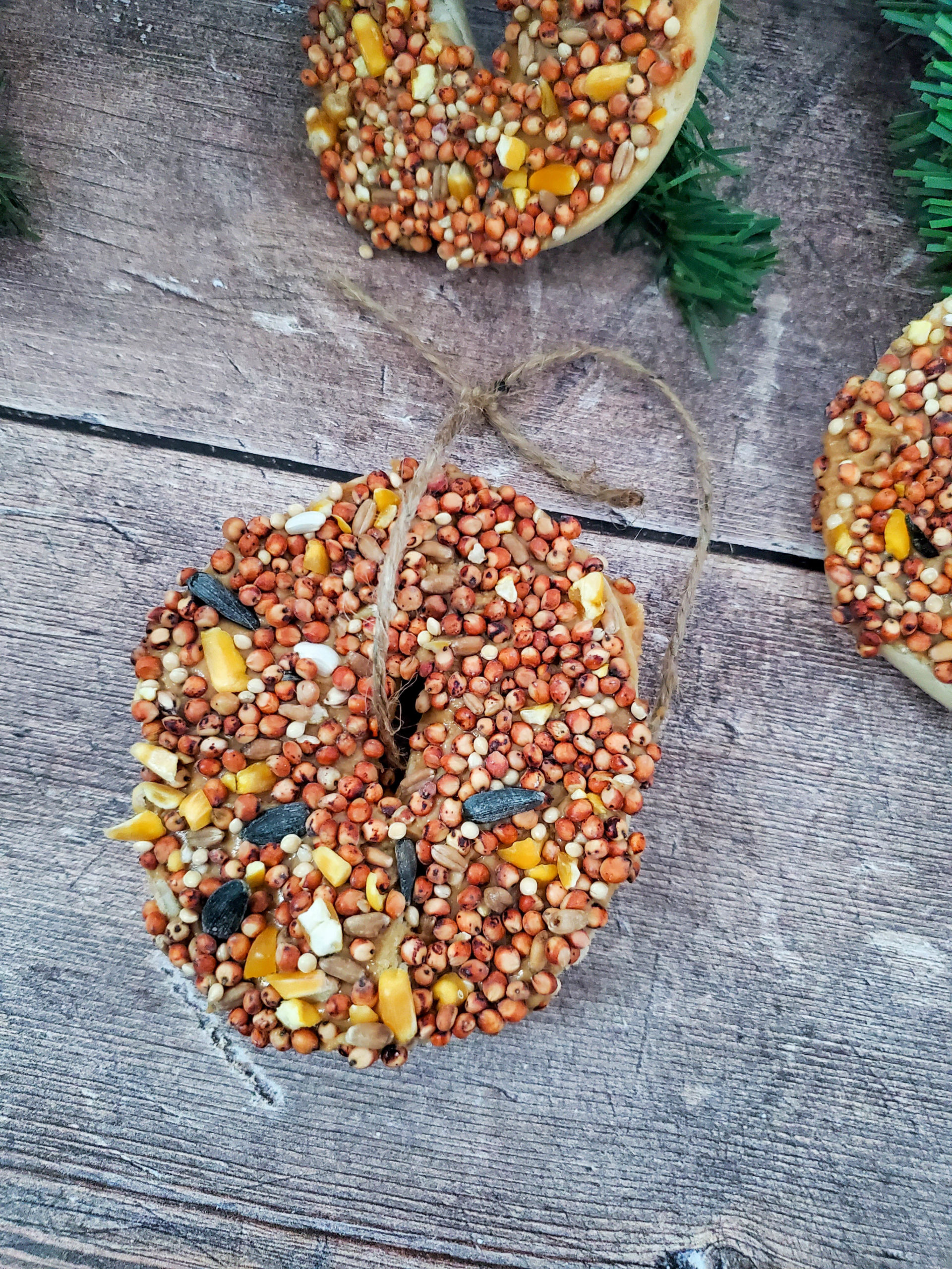 Birdseed Ornaments on a wooden table.