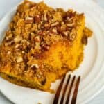 A slice of pumpkin coffee cake topped with crumbly streusel and chopped pecans sits invitingly on a white plate beside a fork, reminiscent of the richness you might find in a butterscotch cake.