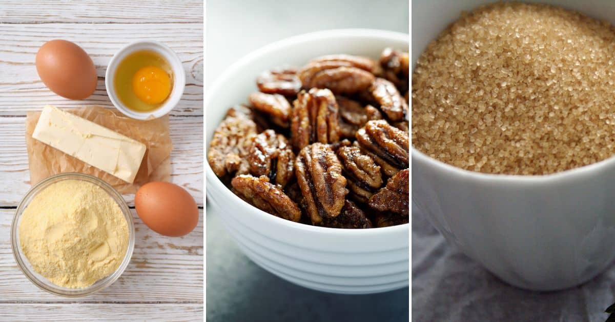 Ingredients displayed: eggs, butter, flour on parchment paper; a bowl of pecans; a cup filled with brown sugar—all essentials for crafting a delicious butterscotch cake—gracefully arranged on a wooden surface.