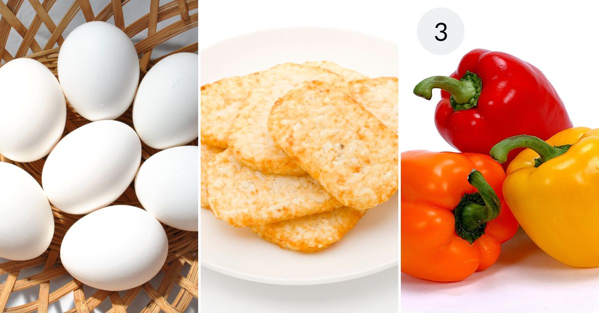 Three panels showing white eggs in a basket, cheese crackers on a plate, and red, orange, and yellow bell peppers for a Mexican Breakfast Casserole.