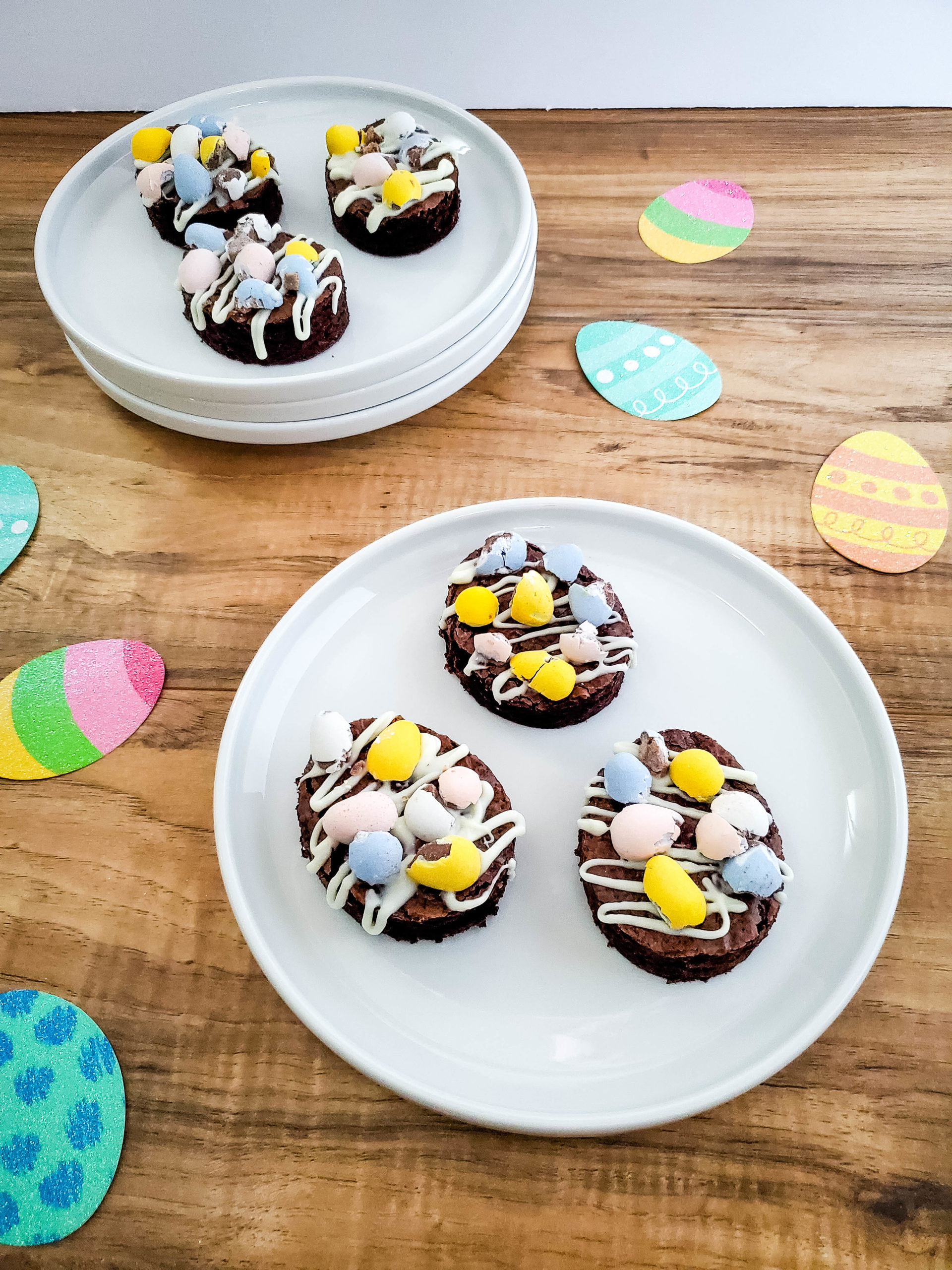 Easter Brownies on a white plate.