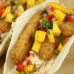 Fish Tacos with Mango Salsa in a top shot.
