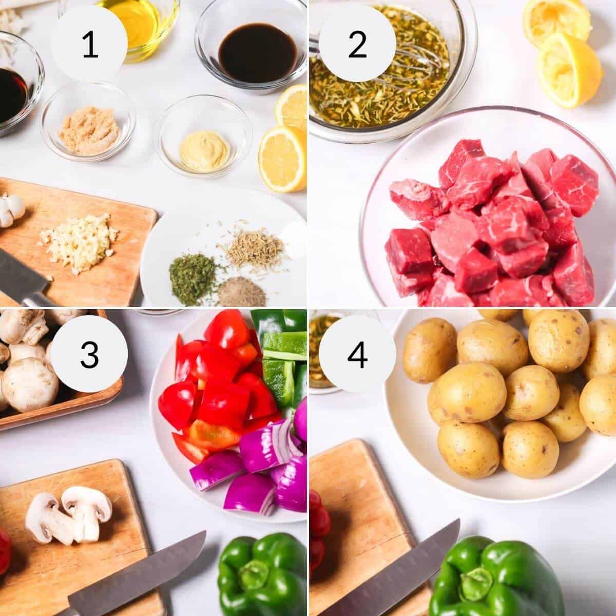 Four labeled images: 1) Seasonings and oils in bowls, 2) Marinade ingredients with lemon halves, perfect for Steak Kabobs, 3) Chopped bell peppers, onions, and mushrooms, 4) Whole potatoes on a plate.