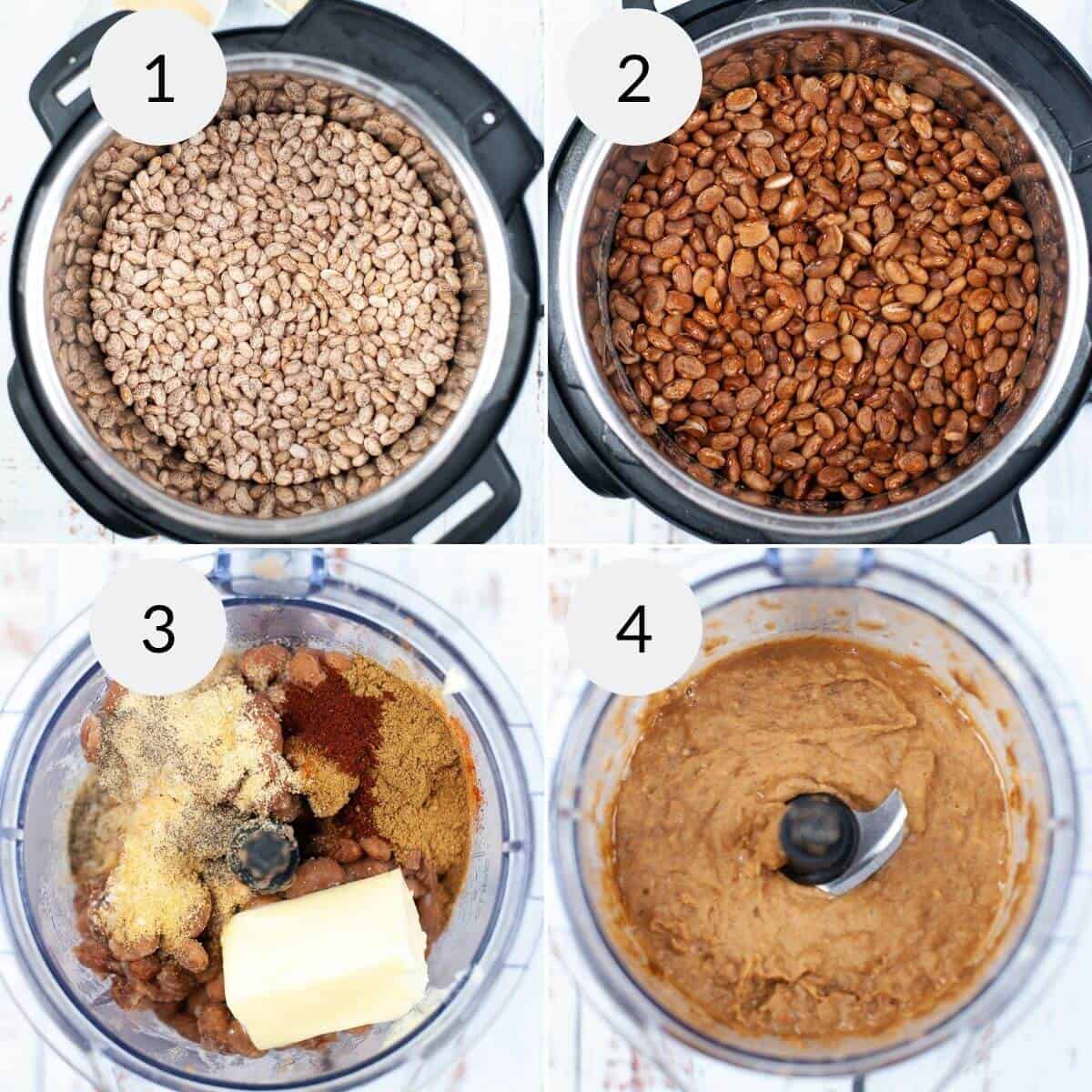 Four-step cooking process shown in a grid: 1. dry pinto beans in an instant pot, 2. cooked pinto beans, 3. ingredients in a blender, 4.