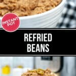 A bowl of instant pot refried beans topped with jalapeño slices, displayed with a black and white checkered cloth.
