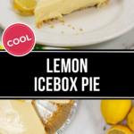 Citrus delight: a slice of Lemon Icebox Pie presented on a plate with whipped cream, accompanied by fresh lemon wedges.