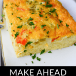 A slice of make-ahead Mexican breakfast casserole garnished with parsley, with text overlay "Mexican Breakfast Casserole.