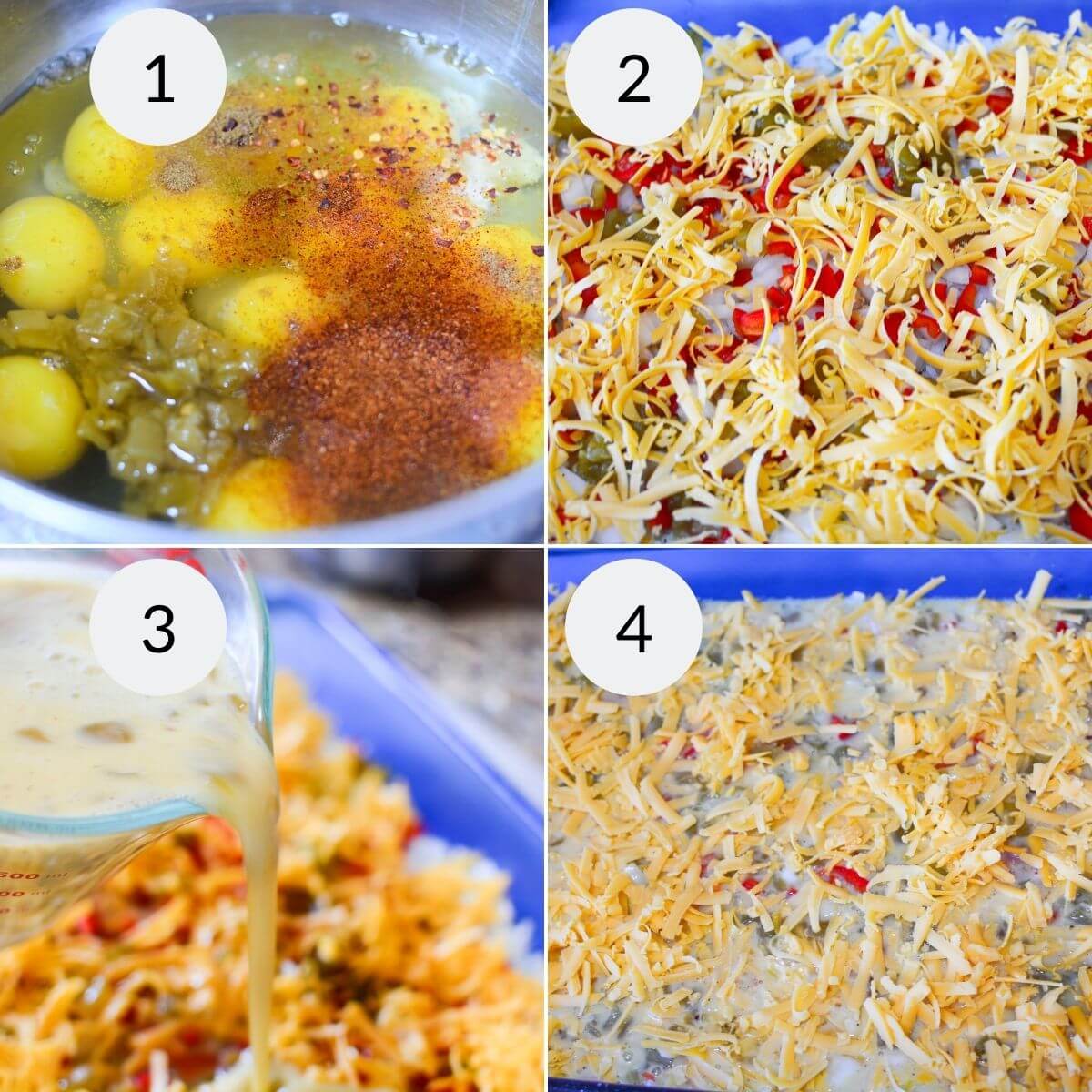 Four-step cooking process: 1) mixing eggs and spices in a bowl, 2) adding shredded cheese to a dish of ingredients, 3) pouring liquid mixture into the dish, 4