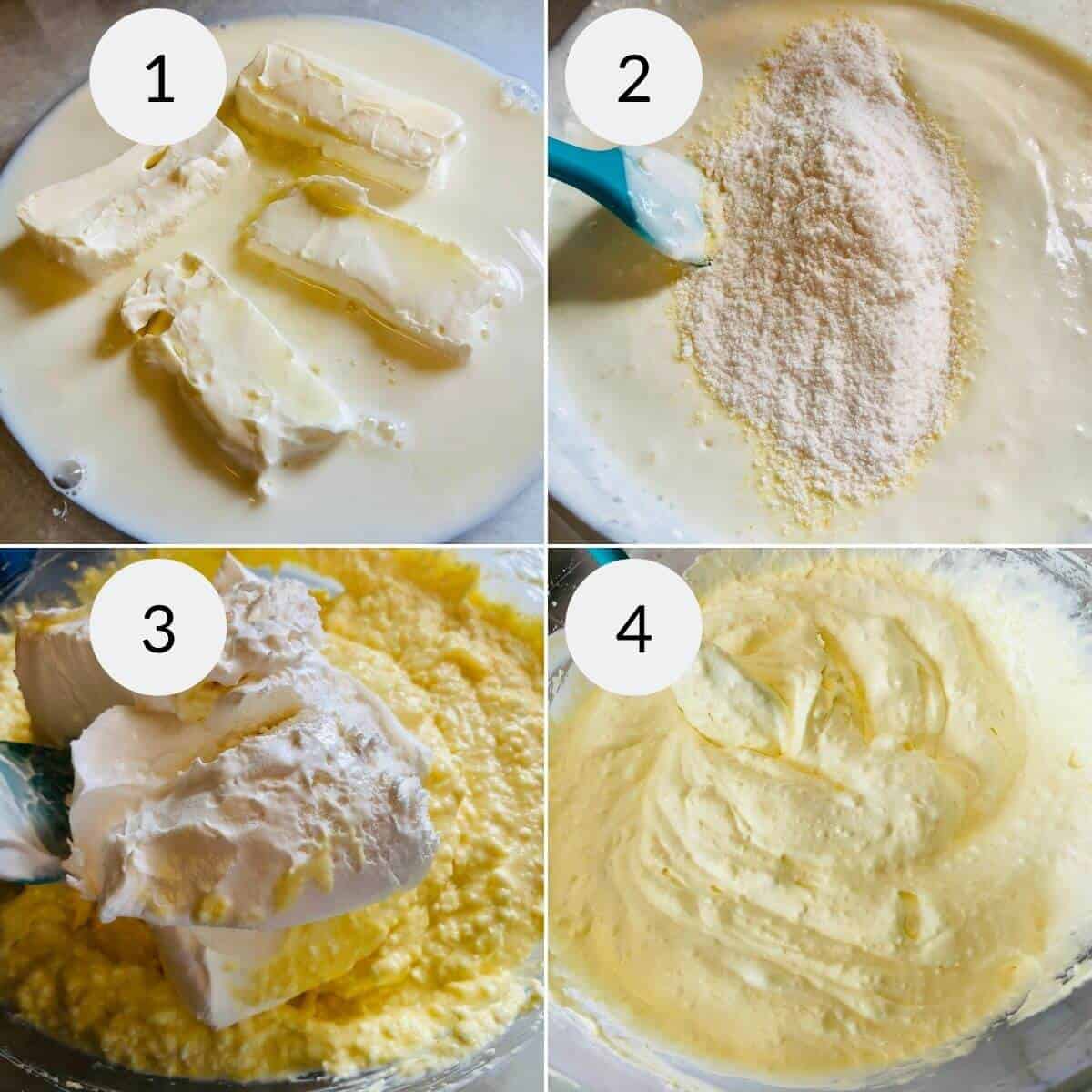 Four-step collage for  1) Cream cheese and butter in a bowl. 2) Dry ingredients added. 3) Whipped cream added. 4) Mixture blended to a smooth, yellow batter.