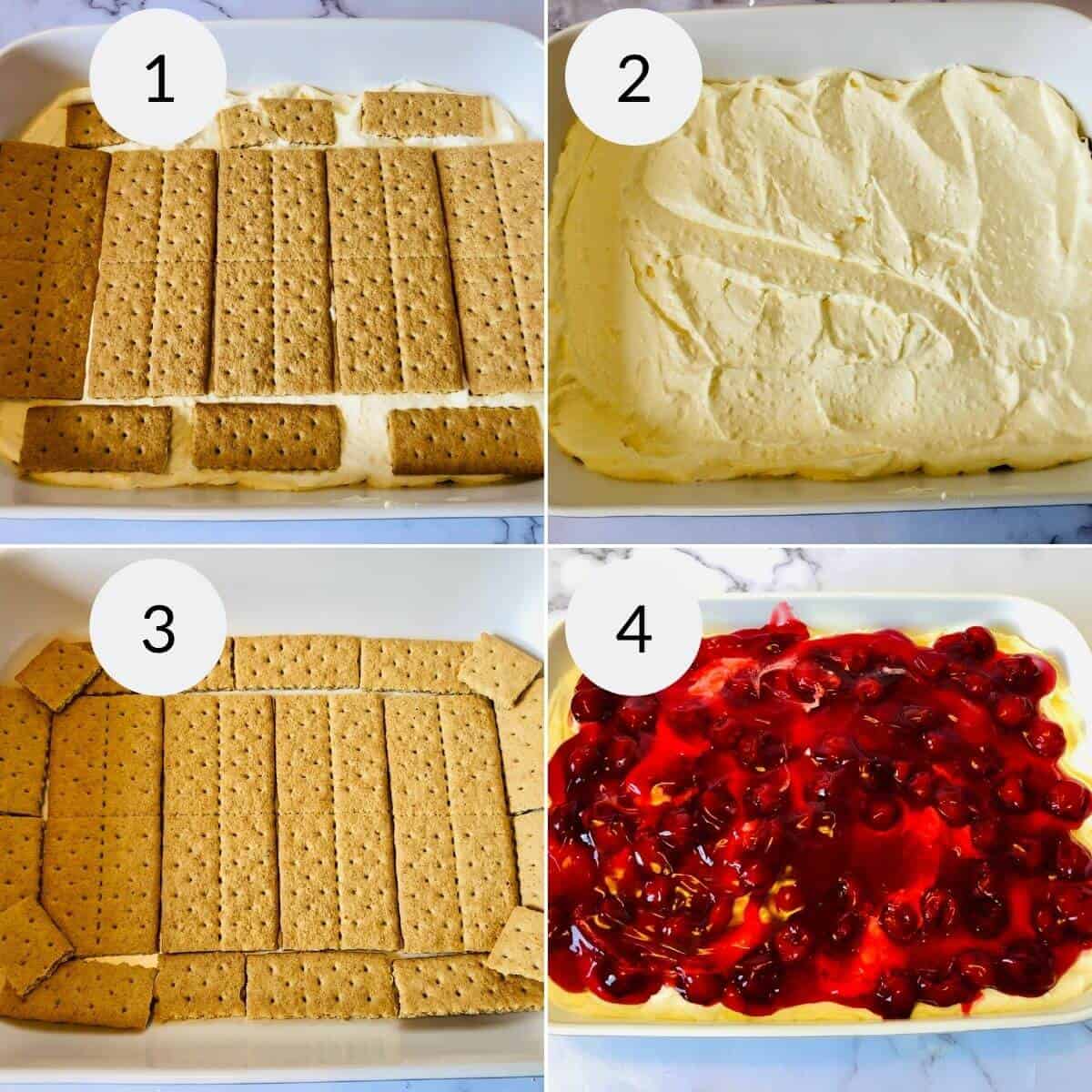 Step-by-step assembly of a No Bake Cherry Cheesecake: graham crackers, cream filling, another layer of graham crackers, and cherry topping in a white rectangular dish.