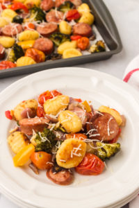 A closeup on Sausage Gnocchi Sheet Pan Dinner.