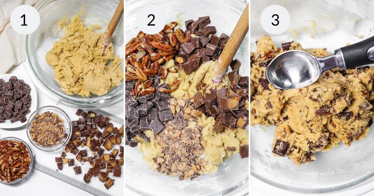 Adding the nuts, candy and chips to the cookies.