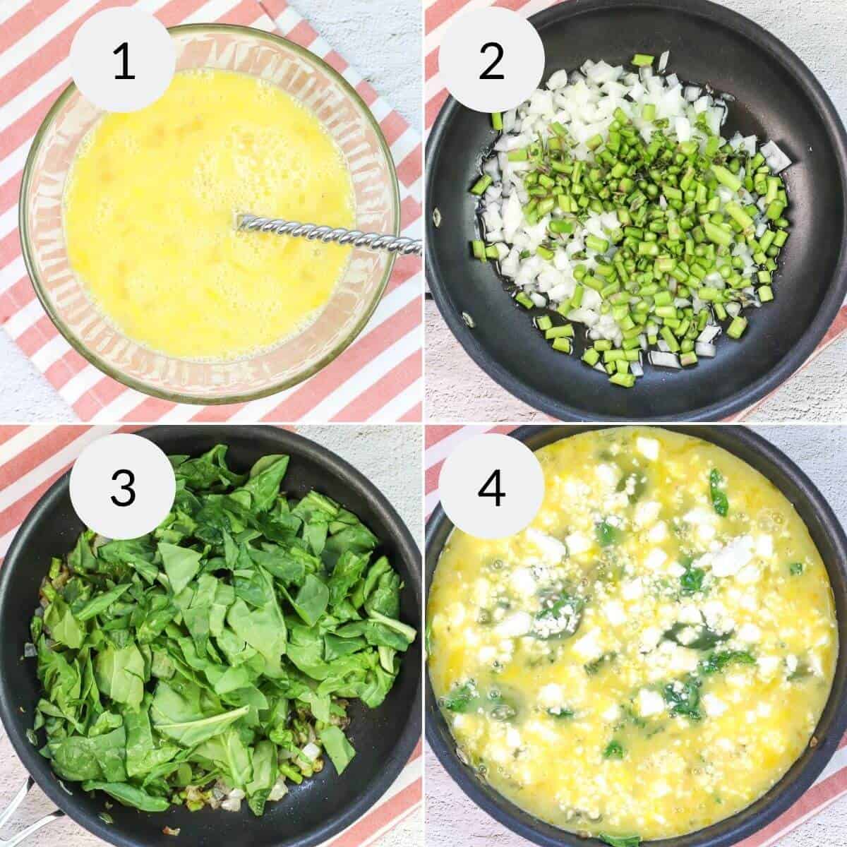 Discover a delightful vegetable and egg pie with our simple four-step process: whisk egg mixture in a bowl, sauté onions and asparagus in a pan, add fresh spinach, and finish with a flavorful omelette topped with feta and vibrant greens.
