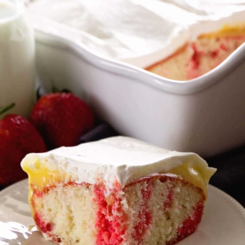 Pretty strawberry and vanilla poke cake