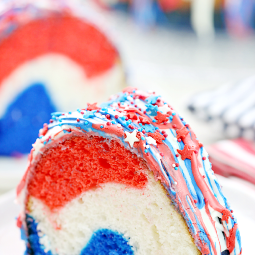 Frosted cake with wavy red white and blue middle