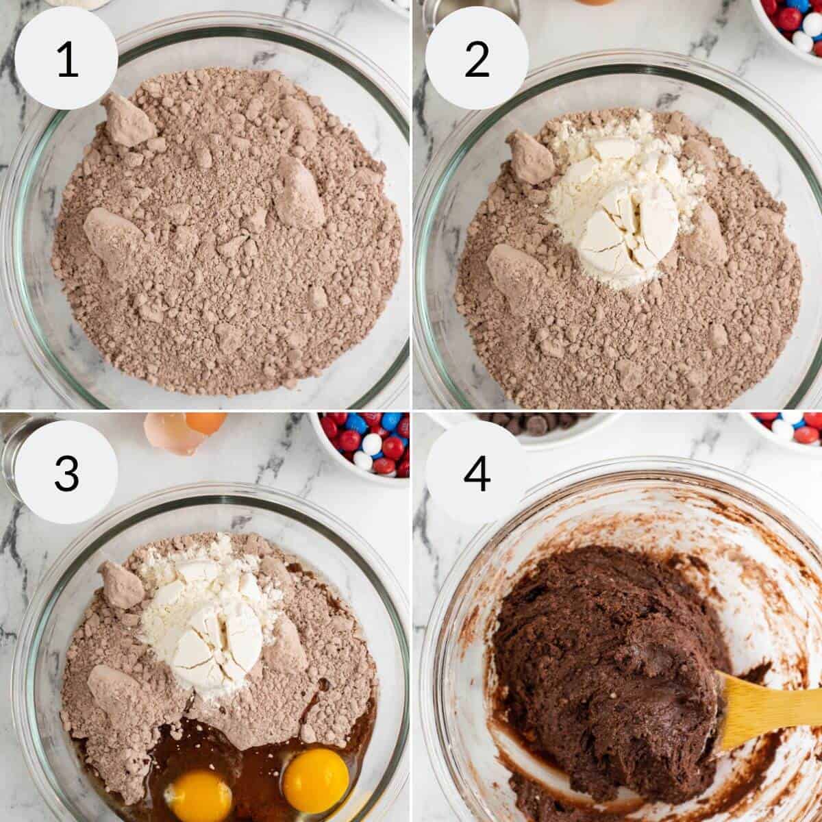 Mixing the brownie mix with eggs and oil and then blending.