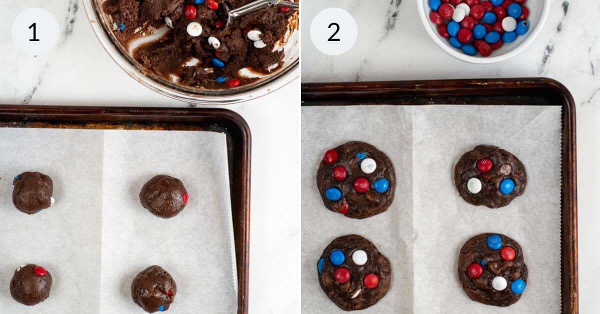 Dropping the dough onto the tray and adding the candy.