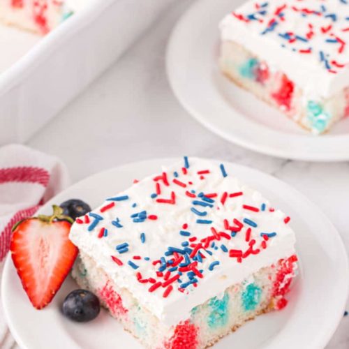 Beautiful white cake with red and blue in the filling.