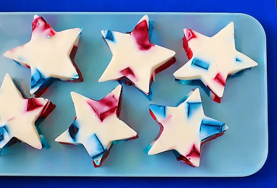 White jello stars with blue and red marbled coloring