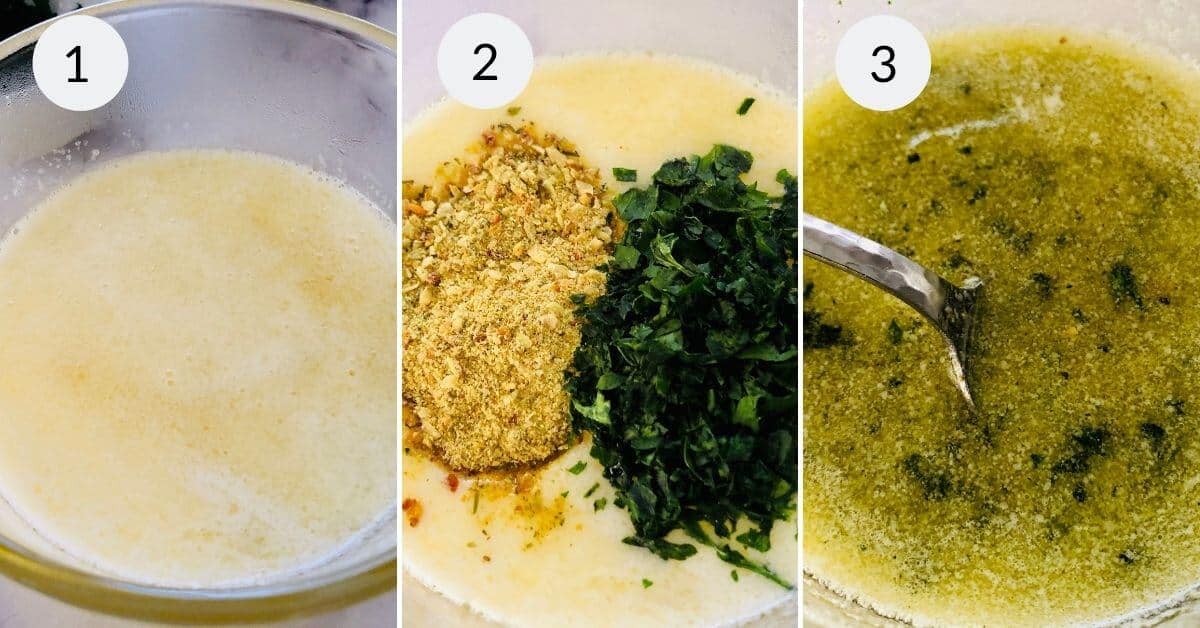Three-step collage of a cooking process. Image 1: a liquid mixture in a bowl. Image 2: chopped herbs, breadcrumbs, and Air Fryer Corn added to the mixture. Image 3: a spoon stirring the combined ingredients.
