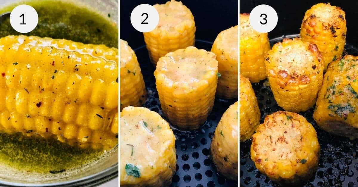 Three-step images: 1) Corn on the cob in herb garlic butter, 2) Cobs standing in air fryer basket, 3) Finished golden Air Fryer Corn with seasoning.