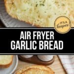 Two plates of Air Fryer Garlic Bread slices topped with melted cheese and herbs, displayed on a wooden surface with a striped cloth.