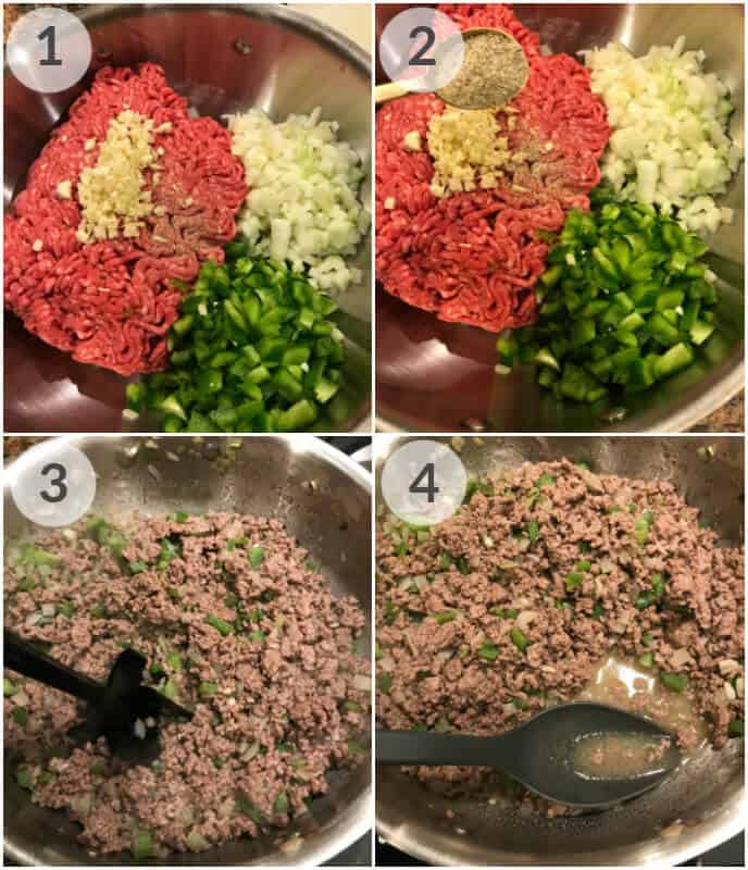 Four-image collage showing the steps to cook ground beef with chopped onions, green peppers, garlic, and seasoning. This is a great base for beef and bean chili. Images 1 and 2 show the raw ingredients, while 3 and 4 capture them being mixed and cooked to perfection.
