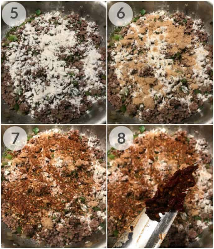 Four-step sequence of cooking ground beef with seasonings. Steps 5-8 show flour, brown sugar, chili powder, and tomato paste being added respectively to the beef mixture in a pan, creating the perfect base for your hearty beef and bean chili.