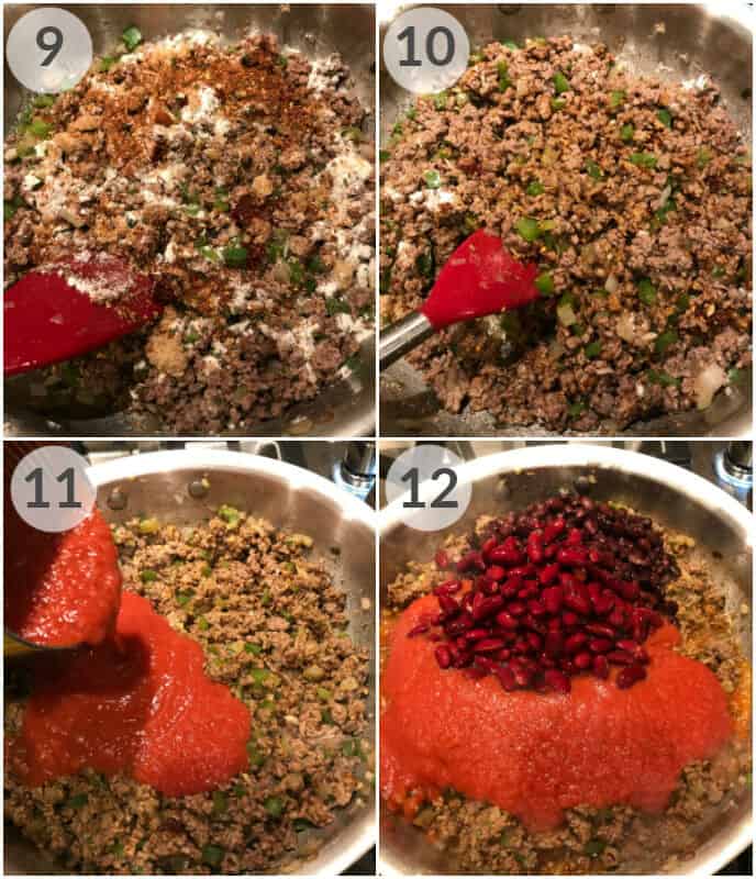 Four-step cooking collage: Spices and onions are added to ground meat; the mixture is stirred, creating a savory base for beef and bean chili; tomato sauce is poured in; kidney beans and more tomato sauce are added on top.