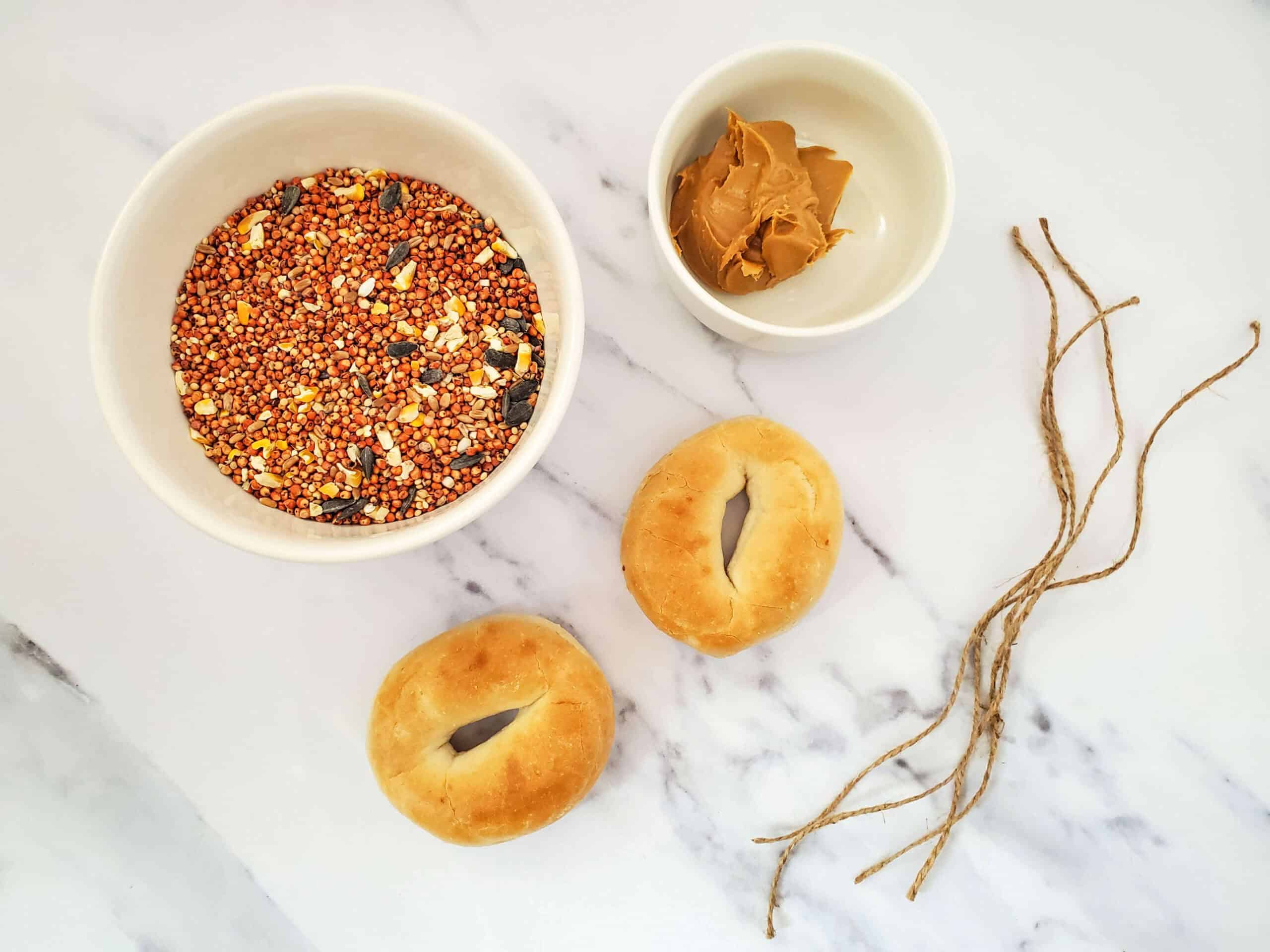 Bagels, the food, peanut butter and the twine.