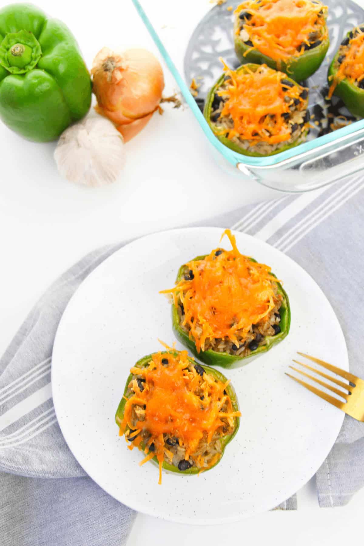 A top shot of the black bean taco stuffed pepper.