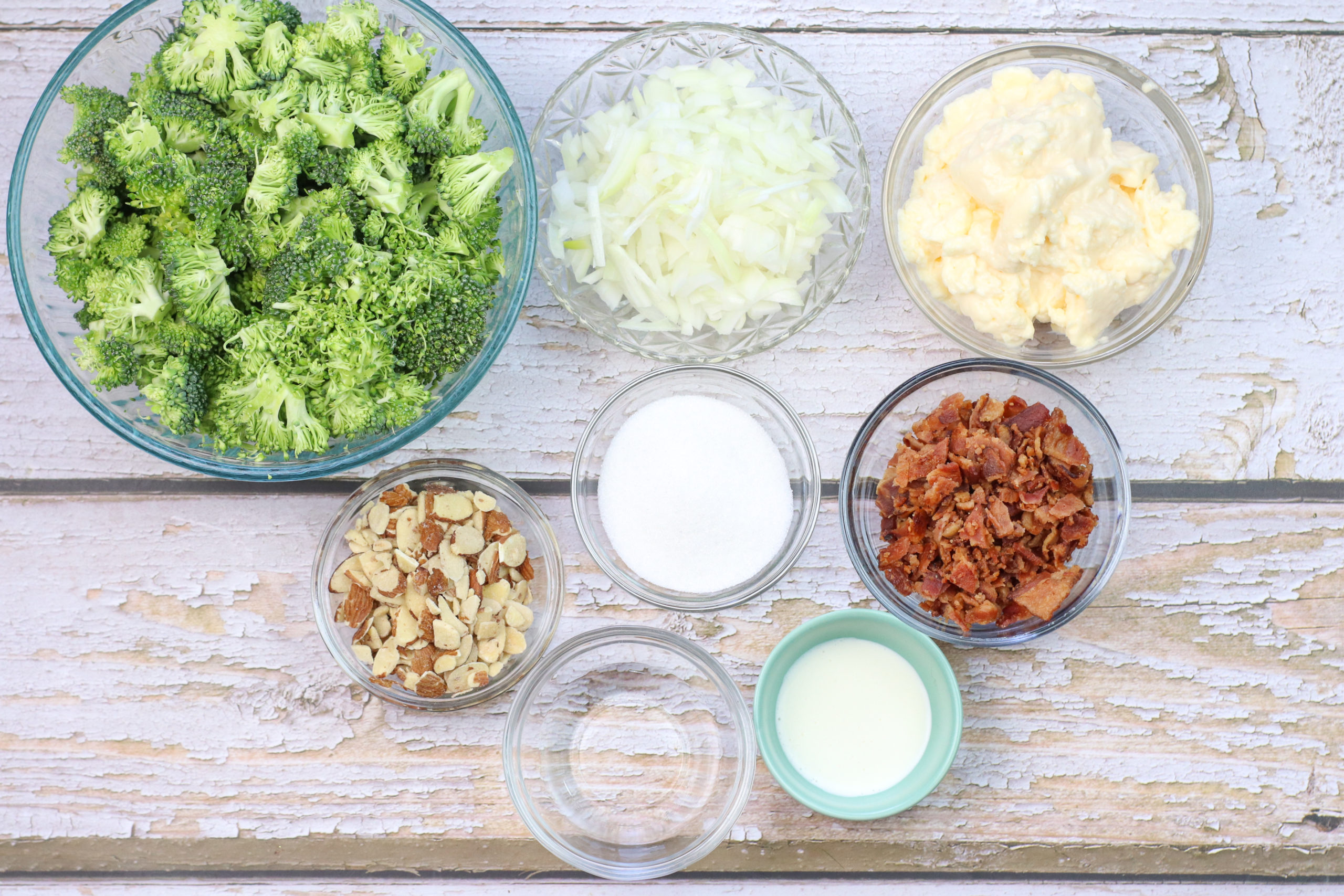 Broccoli, mayo and almonds for the salad.