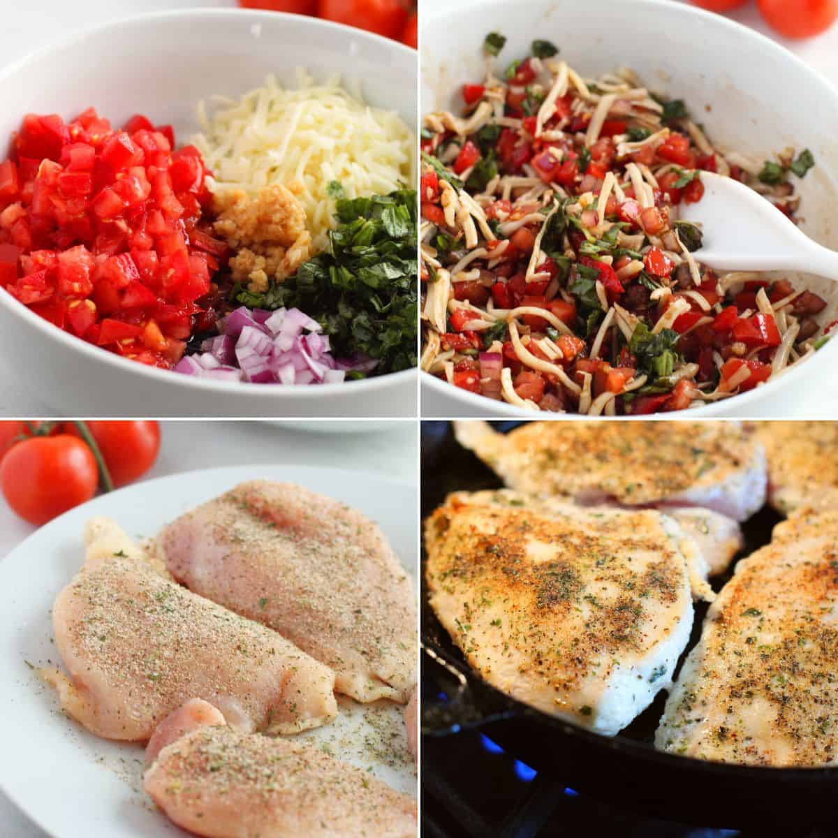 A collage shows chopped vegetables and cheese for a bruschetta chicken recipe in a bowl, the mixed ingredients, raw seasoned chicken breasts, and chicken cooking in a skillet.