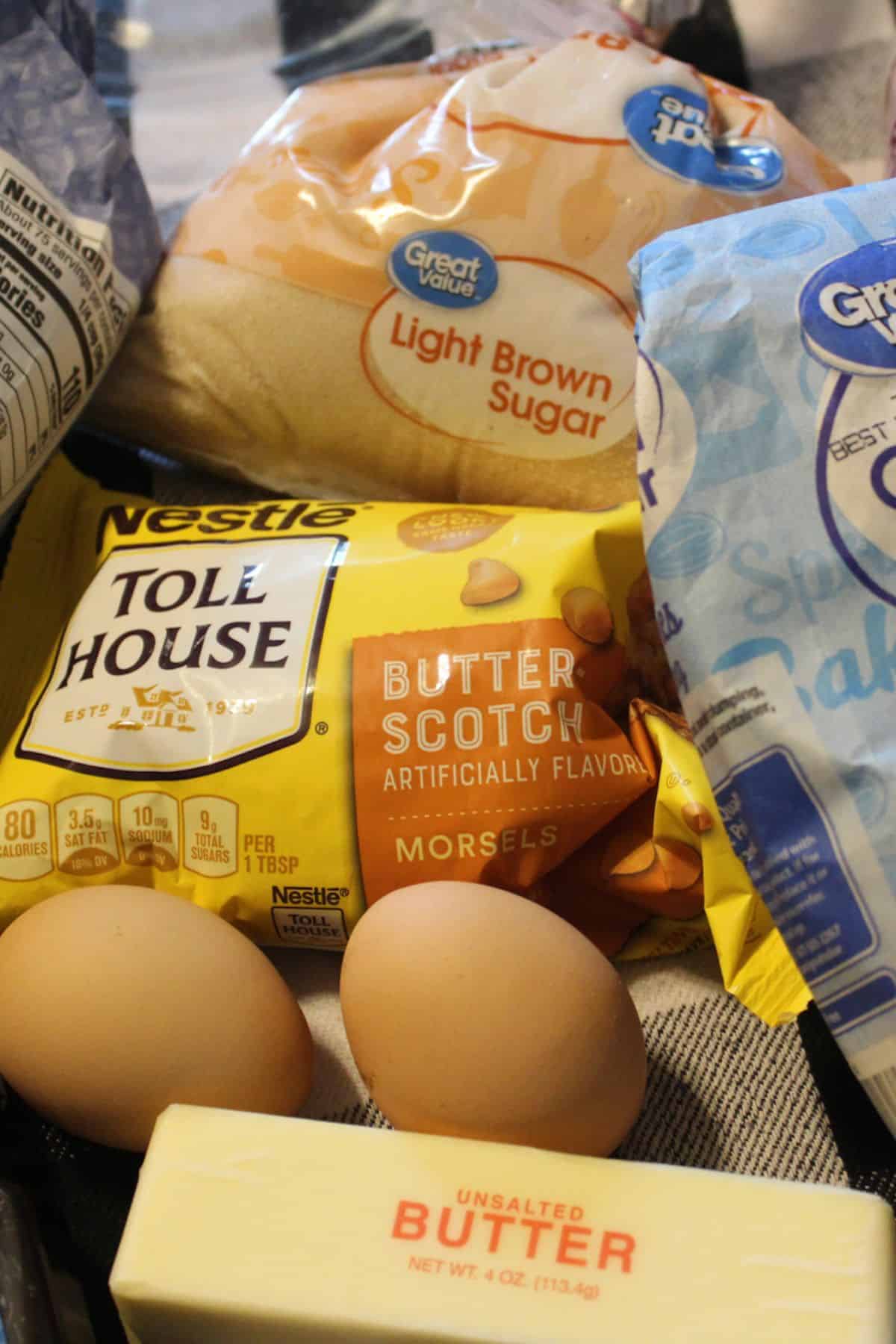 The flour, sugar and chips needed to make the brownies.