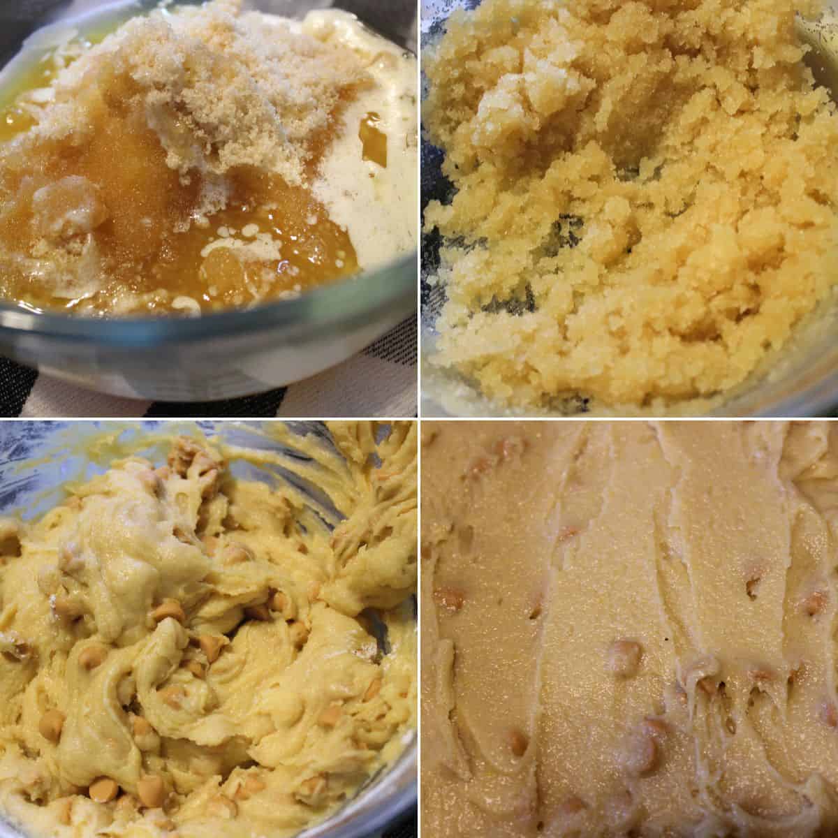 Mixing all the ingredients in a dish and putting into a baking pan.