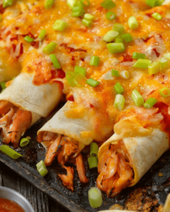 Cheesy chicken enchiladas topped with melted cheese and chopped green onions, served on a black plate.