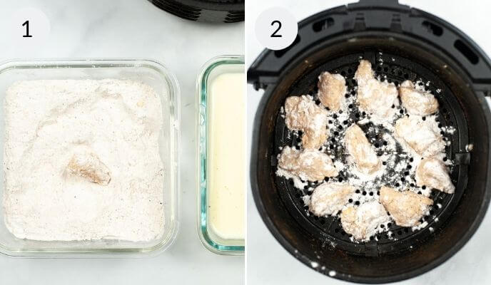 Image showing two steps: copycat Chick-fil-A nuggets coated in a flour mixture (left) and the coated nuggets arranged in an air fryer basket (right), both labeled with numbers.