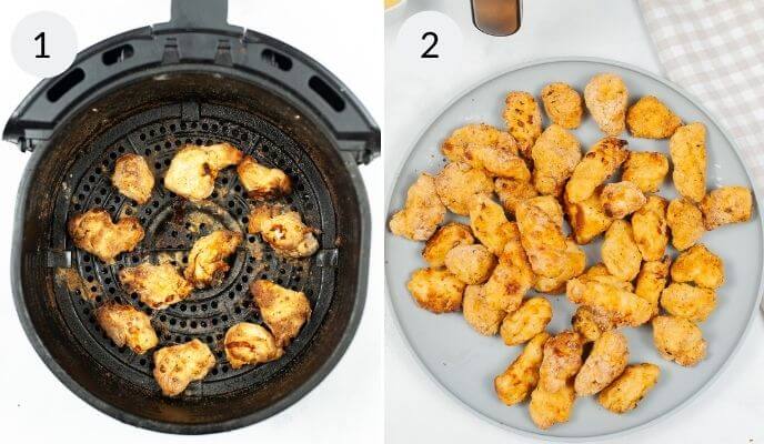 Image shows an air fryer basket (left) and the crispy, cooked chicken served on a plate (right).